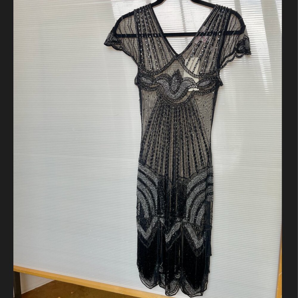 1920s Flapper Black Mesh Beaded Party Dress